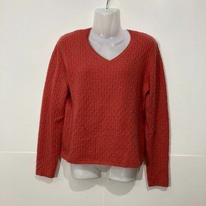 Mariele Waithe 100% Cashmere Orange Rust Cable Knit V- Neck Pullover Sweater M